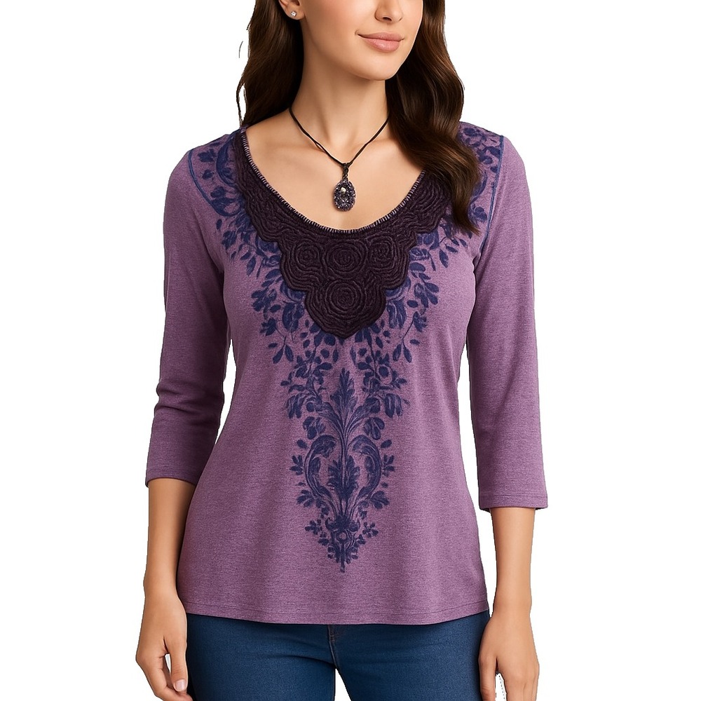 Live and Let Live Womens S Purple Paisley Embellished 3/4 Sleeve Boho Top - Picture 2 of 14